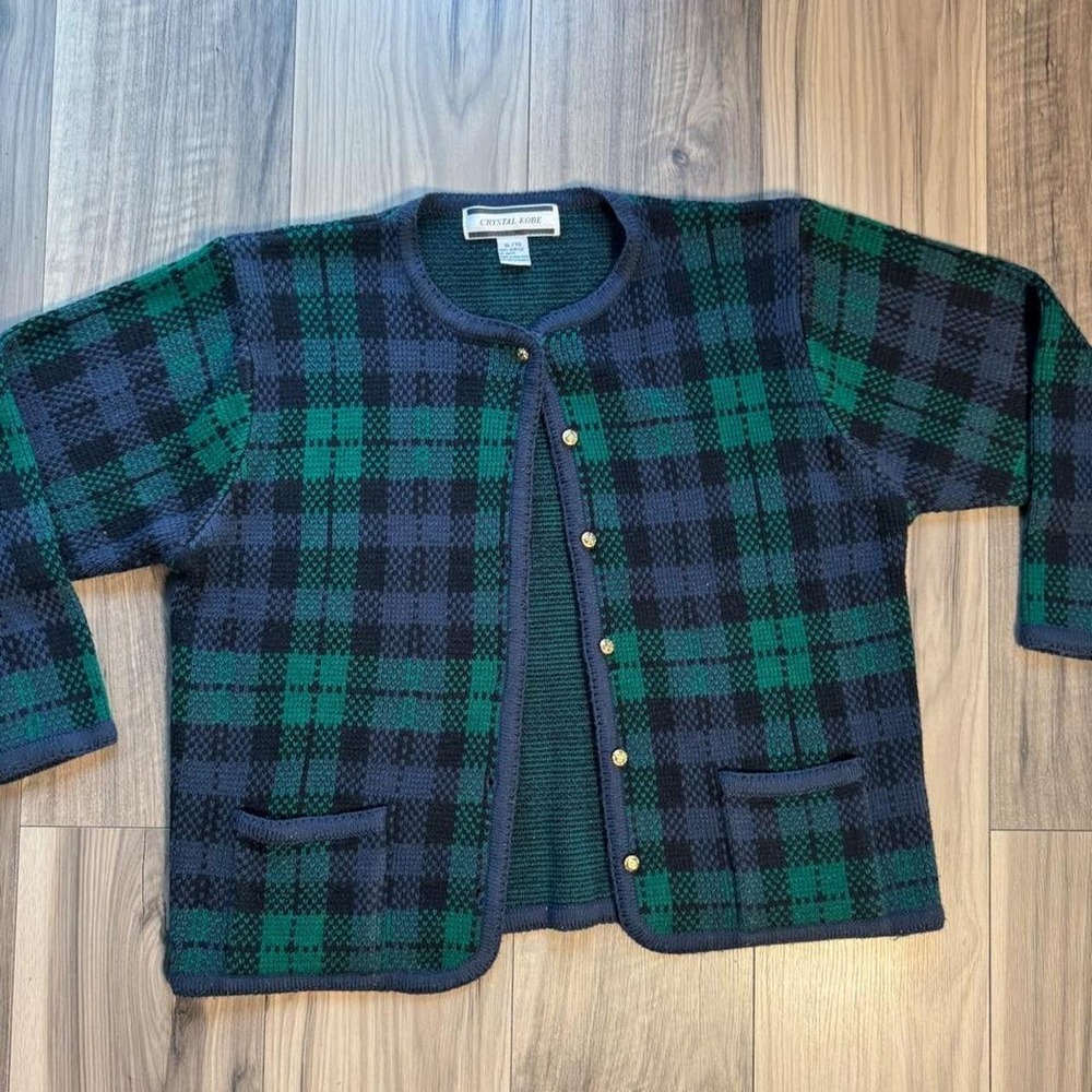 Vintage Crystal Kobe green and dark blue plaid acrylic sweater